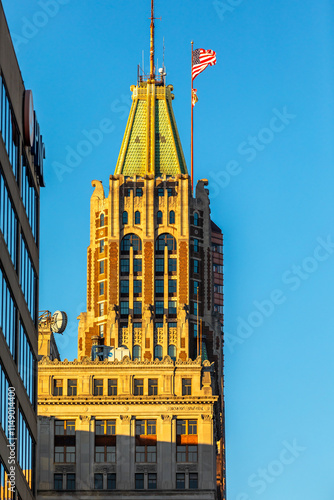 Tower of the Bank of America Building (10 Light Street) in Baltimore, Maryland, USA, in Evening Sun