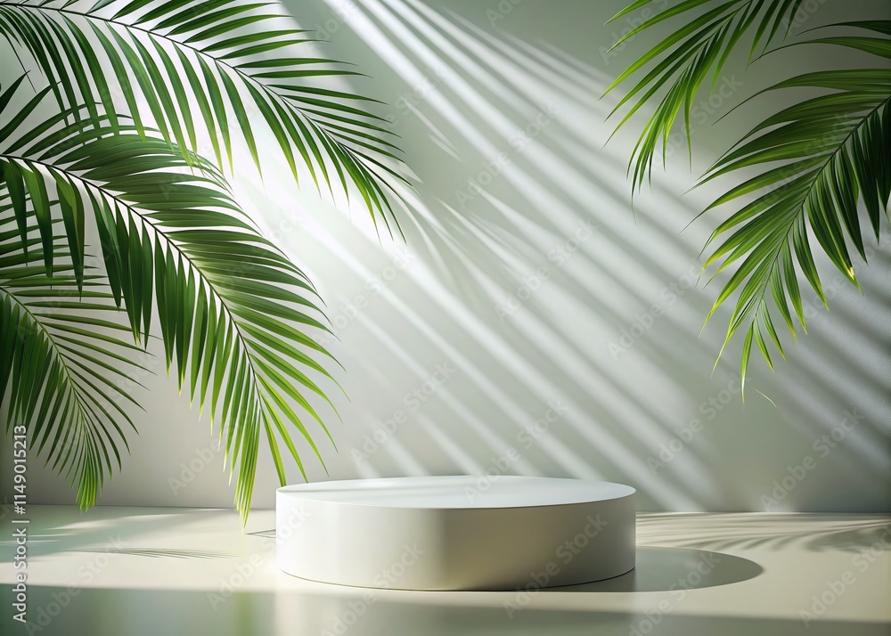 Empty Premium Podium with Tropical Palm Shadows, Minimalist Cosmetic Product Display Empty Premium Podium with Tropical Palm Shadows, Minimalist Cosmetic Product Display