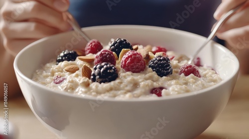 Close-up of hands holding forks eating a bowl of oatmeal topped with raspberries, blackberries, and almonds. photo