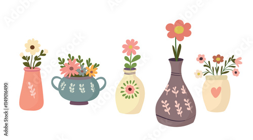 Set of vases with flowers, different shapes, vases oval narrow, round, Hello spring, flowers, Vector, isolated on white background, For design