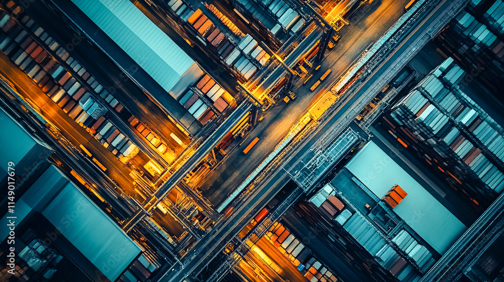 Aerial view of busy container port at night with vibrant lighting Aerial view of busy container port at night with vibrant lighting