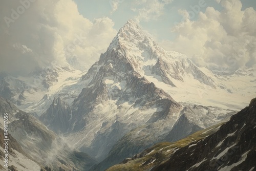 a painting of a snow covered mountain range photo