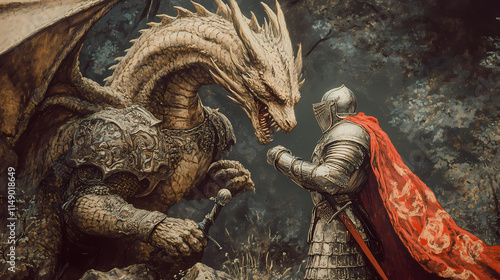 A brave knight in shining armor battling a fierce dragon to rescue a damsel in distress,. Stalwart. Illustration