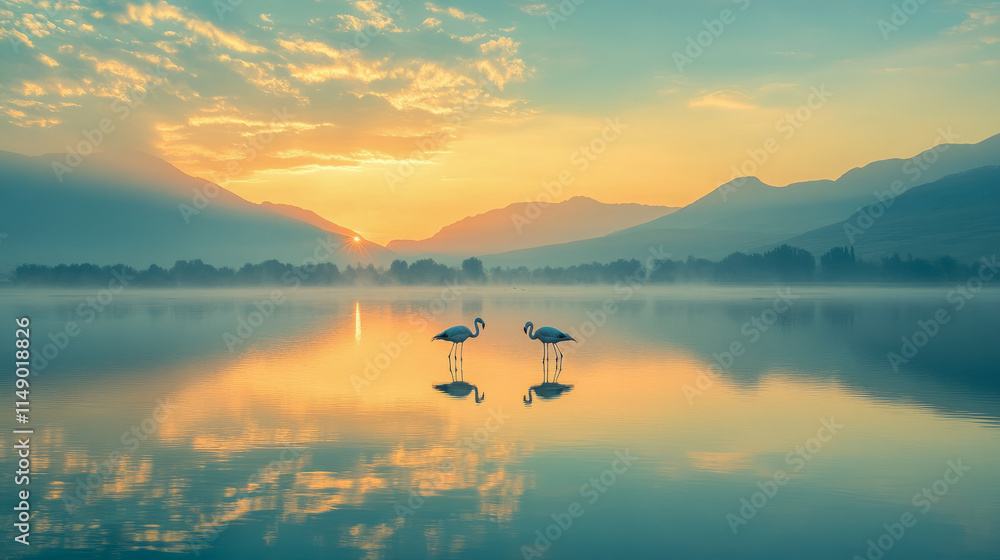 Serene sunrise landscape with flamingos in tranquil lake and mountains Serene sunrise landscape with flamingos in tranquil lake and mountains