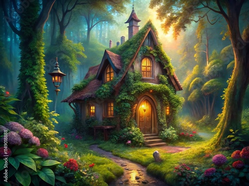 Wallpaper Mural Enchanting Fairytale Cottage in Mystical Forest - Fantasy Home Stock Photo Torontodigital.ca
