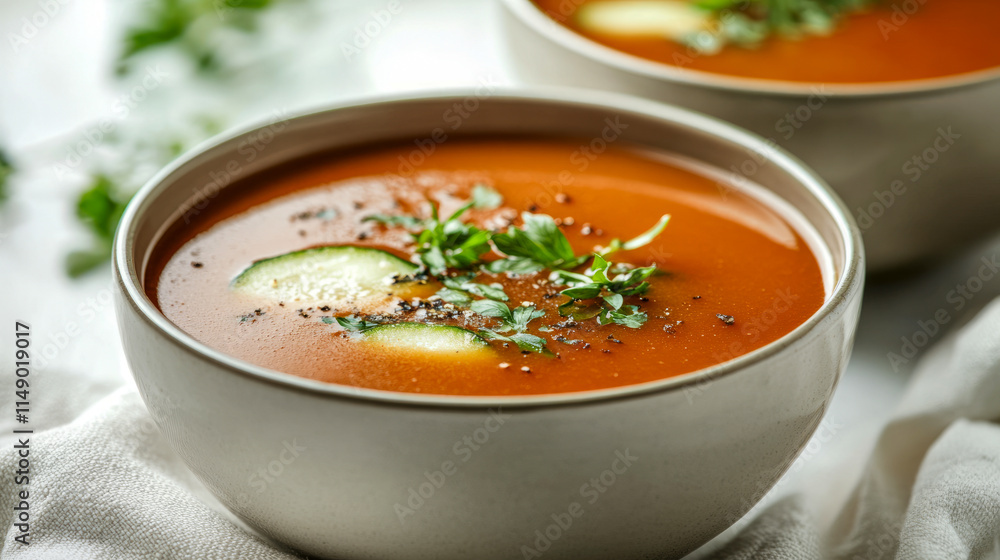Fresh gazpacho soup with cucumber and parsley garnish Fresh gazpacho soup with cucumber and parsley garnish