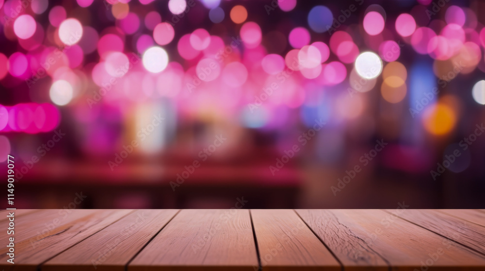 Empty wooden table with vibrant bokeh background for display or product placement Empty wooden table with vibrant bokeh background for display or product placement