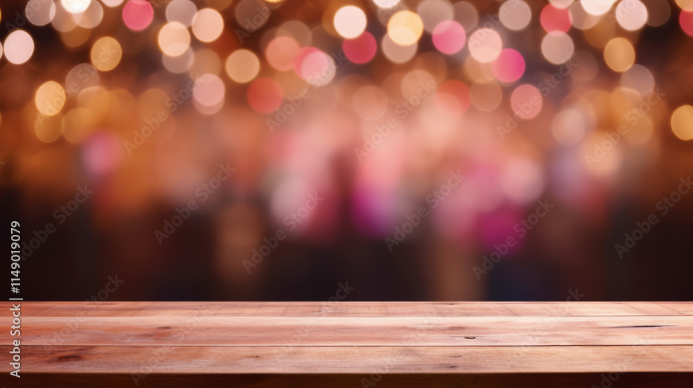 Wooden table surface with festive bokeh lights in warm tones Wooden table surface with festive bokeh lights in warm tones