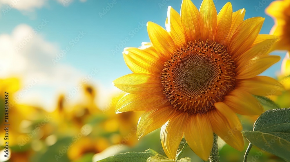 Fototapeta premium A vibrant sunflower in a field, showcasing its bright petals and natural beauty under a blue sky.