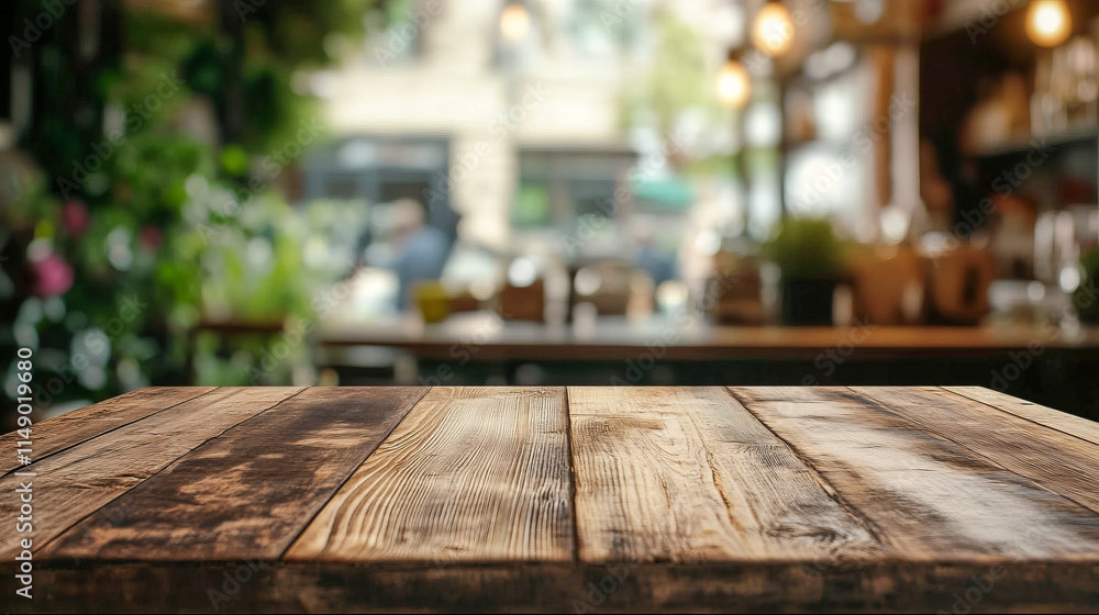 Rustic wooden table in cozy café environment with blurry background Rustic wooden table in cozy café environment with blurry background