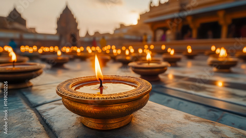 Evening serenity: candlelit ambiance at hindu temple in india at sunset photo