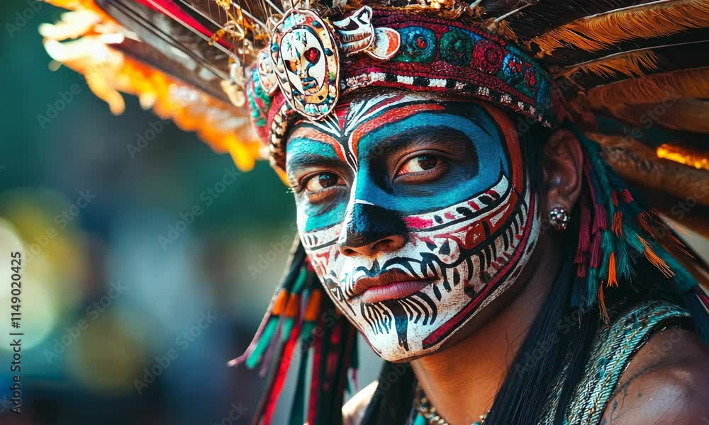 Indigenous man with intricate tribal face paint and feathered headdress Indigenous man with intricate tribal face paint and feathered headdress
