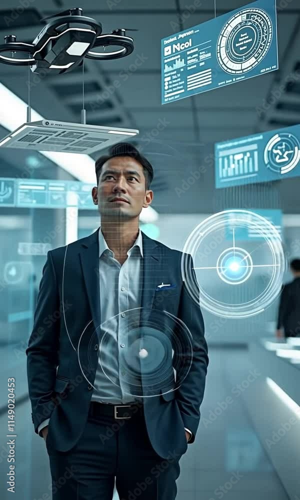 A futuristic depiction of an entrepreneur using advanced business tools, including a smartwatch with real-time metrics and a drone delivering documents