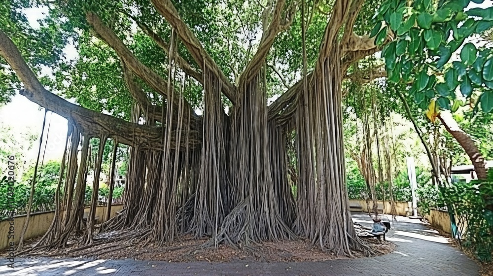 Naklejka premium Majestic Banyan Tree with Exposed Roots in Lush Green Environment