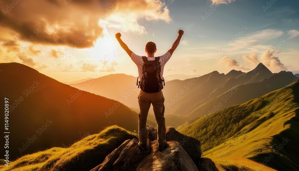 A Man Triumphantly Celebrates at Mountain Summit Arms Raised in Joyful Jubilation, Embracing the Spirit of Adventure and Achievement in Natures Majestic Beauty A Man Triumphantly Celebrates at Mountain Summit Arms Raised in Joyful Jubilation, Embracing the Spirit of Adventure and Achievement in Natures Majestic Beauty