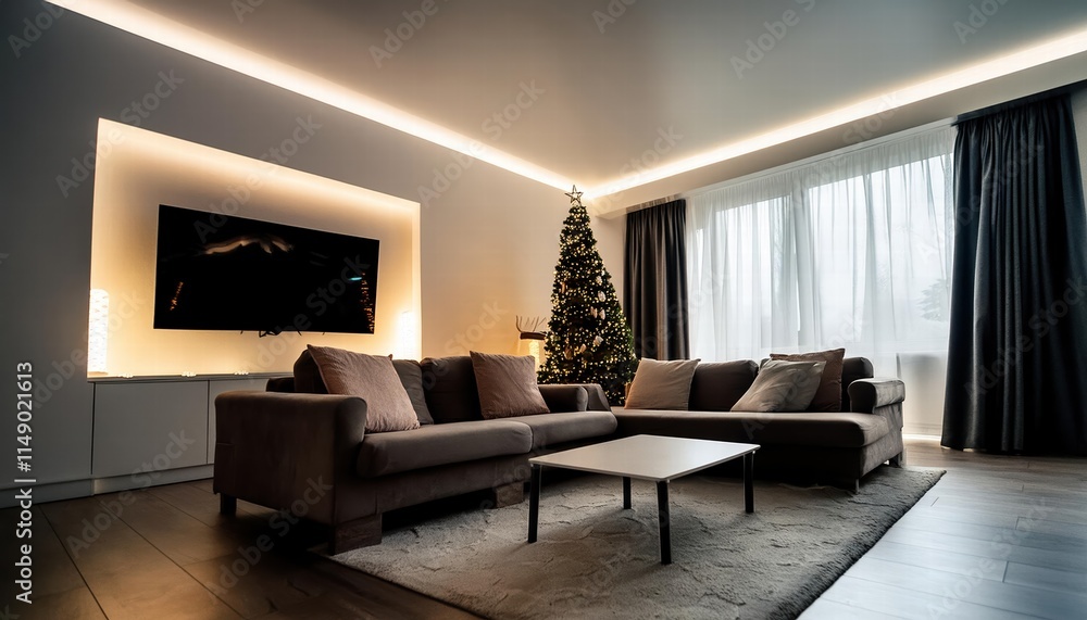 Modern and Comfortable Living Room Design Featuring Sleek Lines, Stylish Furniture, and Ambient LED Strip Lighting for a Cozy Yet Contemporary Atmosphere Modern and Comfortable Living Room Design Featuring Sleek Lines, Stylish Furniture, and Ambient LED Strip Lighting for a Cozy Yet Contemporary Atmosphere