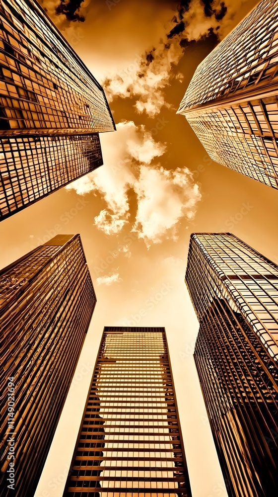 Obraz premium Modern Skyscrapers Creating Dramatic Urban Perspective at Sunset