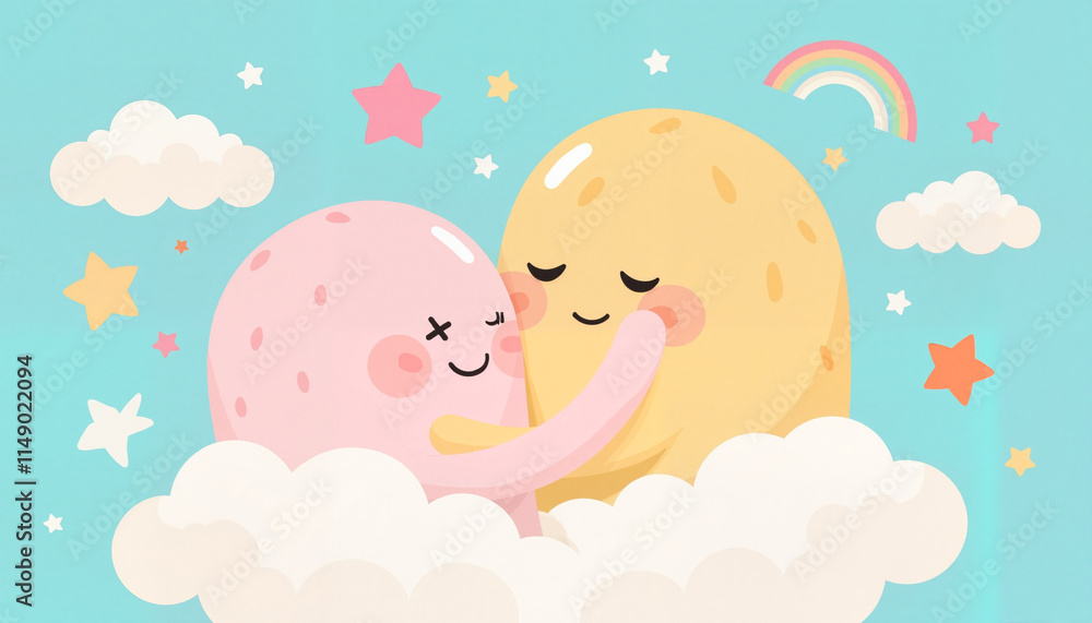Playful illustration of two animated clouds hugging surrounded by rainbows and stars for Hug Day
Playful illustration of two animated clouds hugging surrounded by rainbows and stars for Hug Day