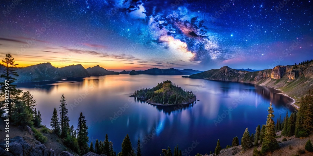 Ethereal Crater Lake Phantom Ship at Night, Low Light Landscape Photography Ethereal Crater Lake Phantom Ship at Night, Low Light Landscape Photography