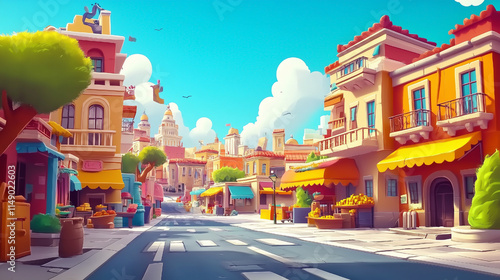 Bright Cartoon Style Rendering of Lively Ancient Streets with Colorful Buildings