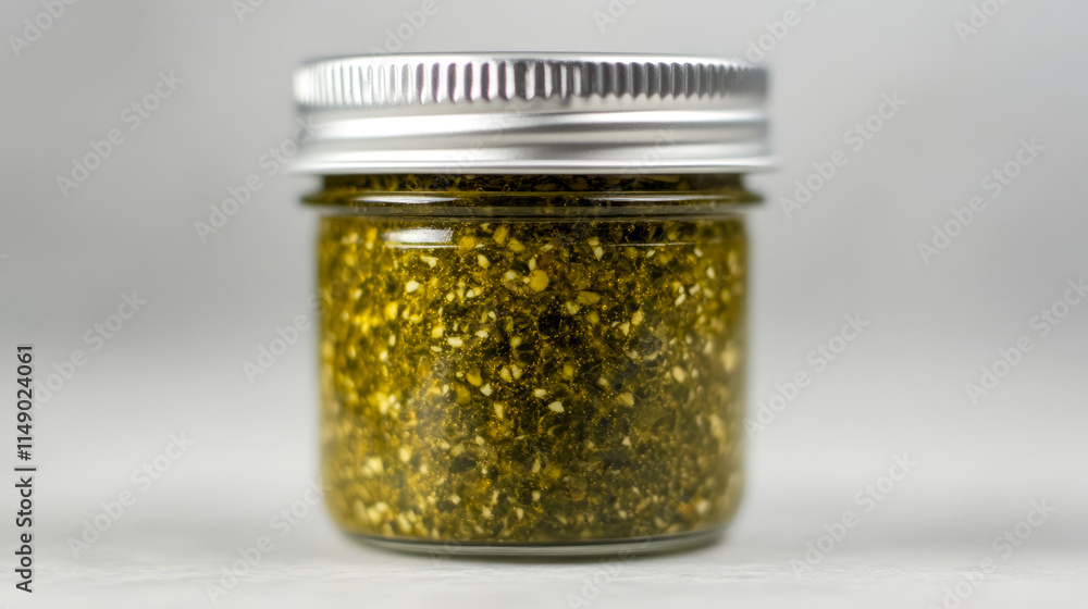 Glass jar filled with homemade green pesto on light background Glass jar filled with homemade green pesto on light background