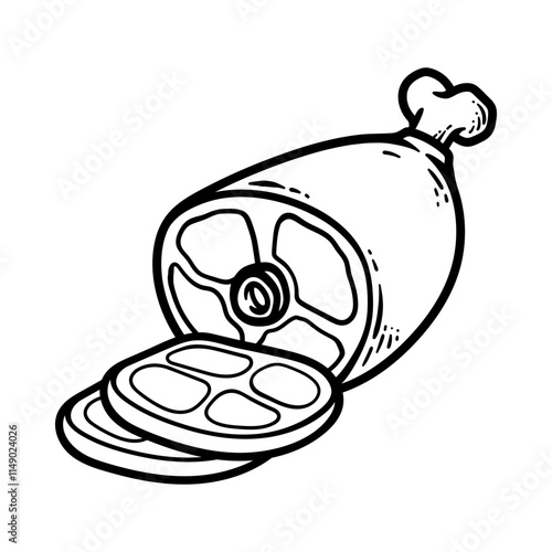 big bunch of meat and the sliced isolated drawing line art style sketch classic vintage design illustration