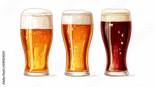 A set of beer glasses pints mugs of foamy fresh drink in vector style isolated beers on white background