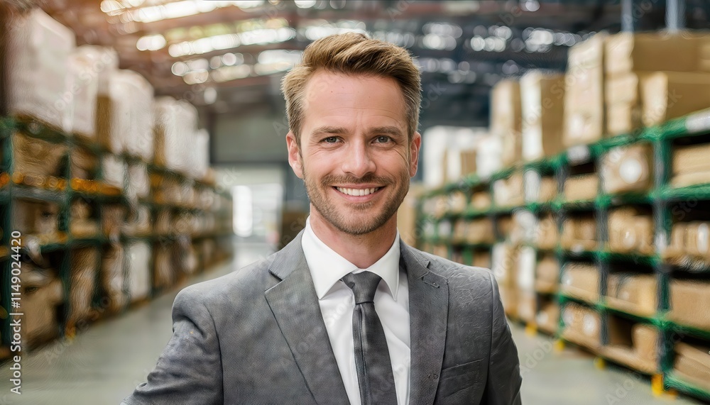 A Smiling Businessman Posing for a Portrait in a Fabric Warehouse, Showcasing Professionalism and Confidence Amidst Colorful Textiles and Bolts of Fabric A Smiling Businessman Posing for a Portrait in a Fabric Warehouse, Showcasing Professionalism and Confidence Amidst Colorful Textiles and Bolts of Fabric