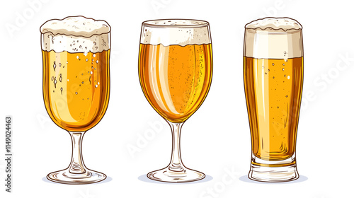 A set of beer glasses pints mugs of foamy fresh drink in vector style isolated beers on white background