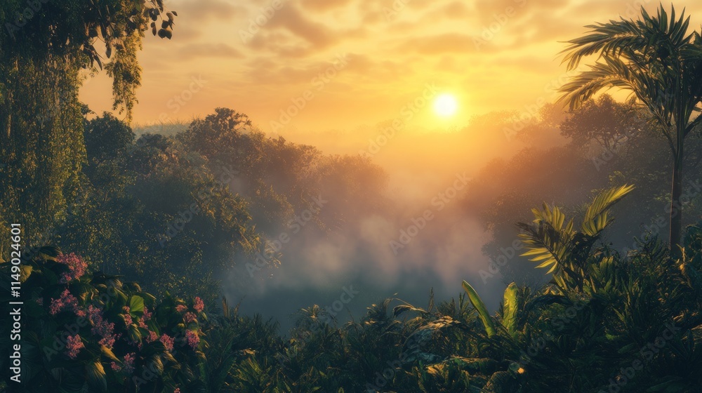 Obraz premium Serene Sunrise Over Lush Green Jungle with Colorful Flora