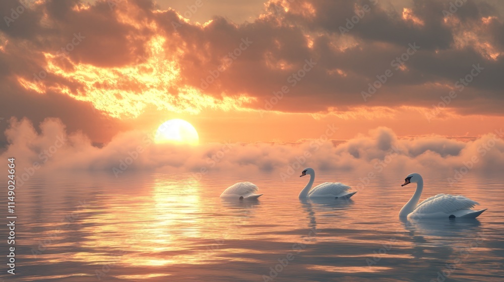 Fototapeta premium Serene Sunset Over Tranquil Lake with Elegant Swans Swimming
