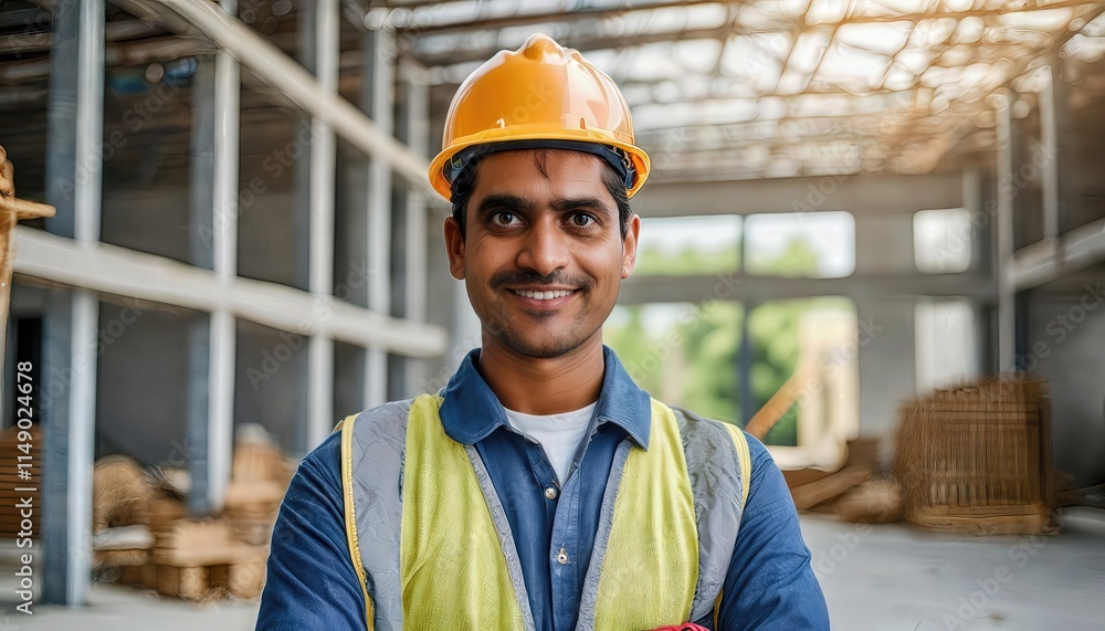 A Smiling Indian Male Construction Worker Standing Proudly at a Busy Construction Site, Showcasing Dedication and Hard Work in Modern Urban Development A Smiling Indian Male Construction Worker Standing Proudly at a Busy Construction Site, Showcasing Dedication and Hard Work in Modern Urban Development