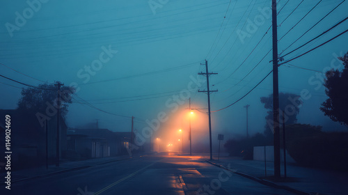 Misty evening street with illuminated streetlights and power lines