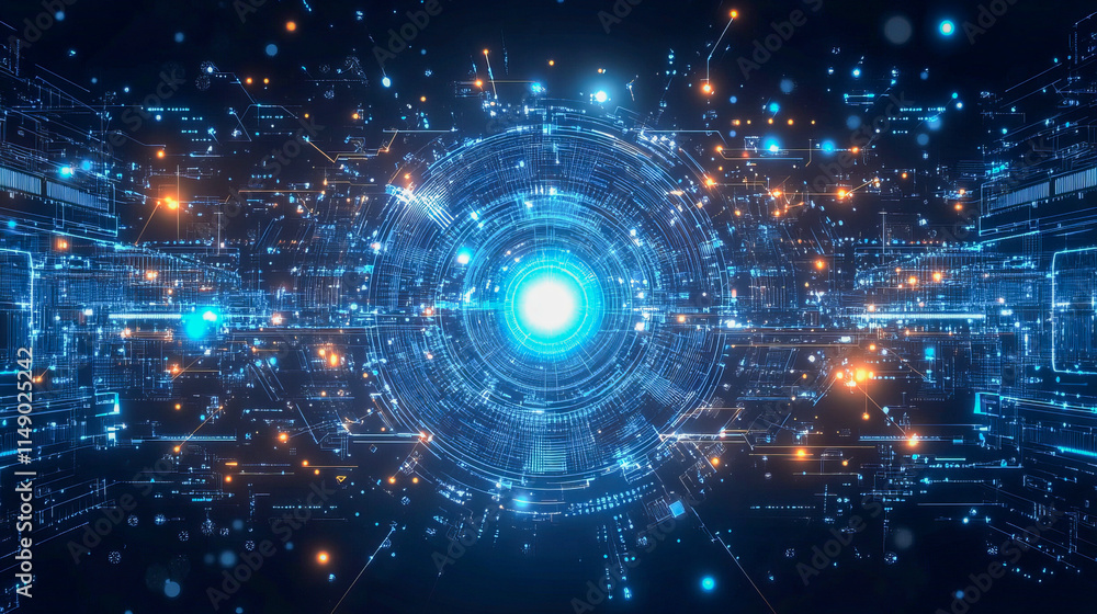 Obraz premium Futuristic digital interface with glowing blue circular pattern and technological elements