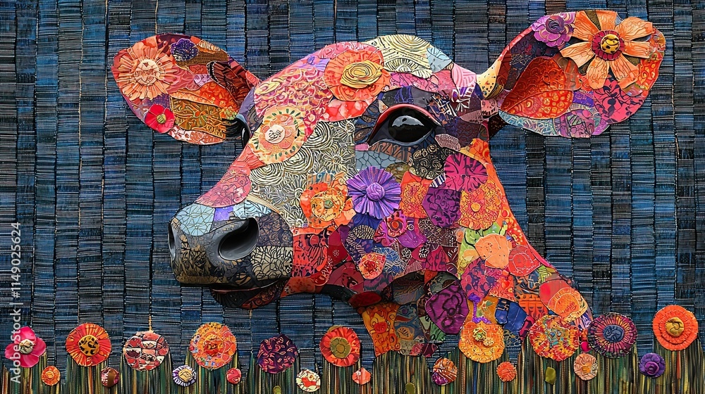 Obraz premium A vibrant, artistic depiction of a cow's head adorned with colorful floral patterns.