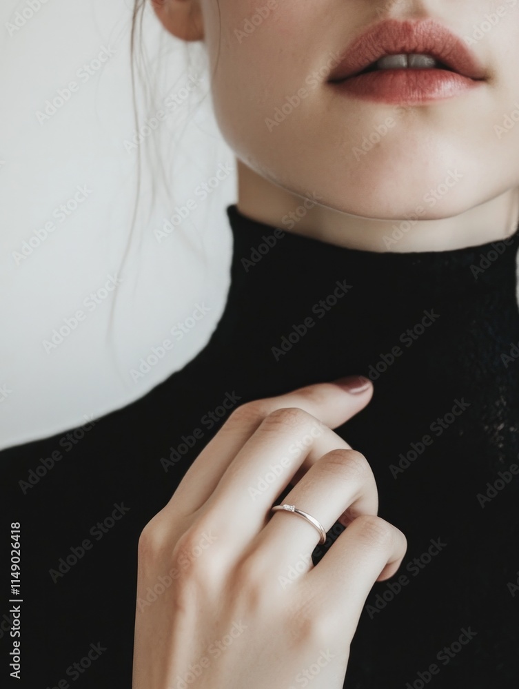 Elegant minimalist portrait of female with ring wearing black turtleneck Elegant minimalist portrait of female with ring wearing black turtleneck
