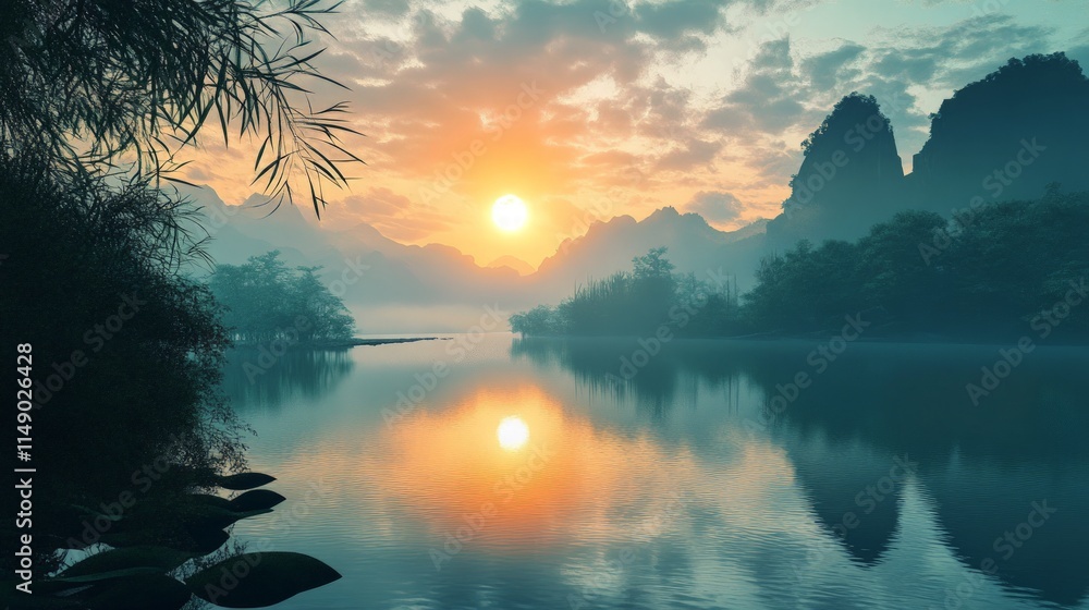 Serene Sunrise Over Misty Lake Surrounded by Mountains and Trees Serene Sunrise Over Misty Lake Surrounded by Mountains and Trees