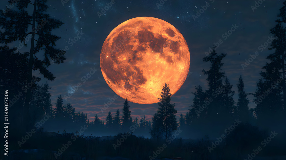 Enormous Orange Moon Night Forest 3D Illustration Enormous Orange Moon Night Forest 3D Illustration