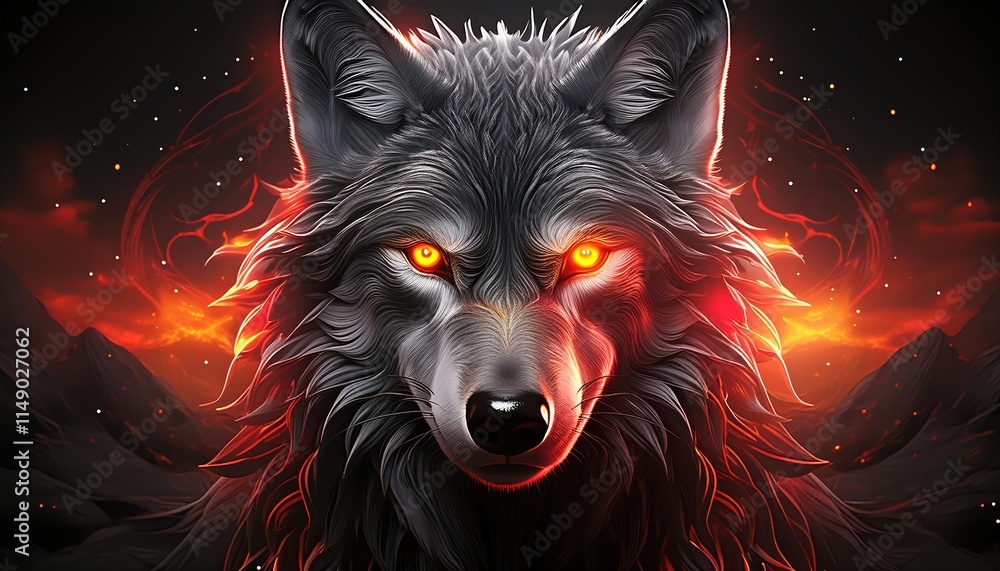 Majestic Wolf with Striking Yellow Eyes Against a Black Background, Illuminated by a Mysterious Red Glow, Capturing the Essence of Wild Beauty and Intrigue in Nature Majestic Wolf with Striking Yellow Eyes Against a Black Background, Illuminated by a Mysterious Red Glow, Capturing the Essence of Wild Beauty and Intrigue in Nature