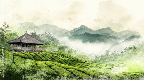Serene tea plantation landscape with a traditional pavilion nestled amidst rolling hills and mist.