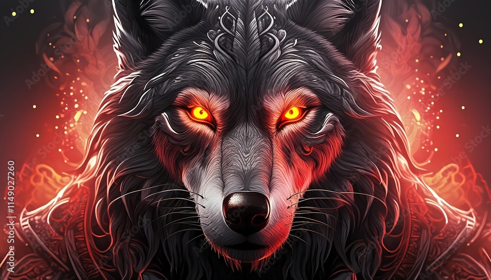 Majestic Wolf with Striking Yellow Eyes Staring Intently Against a Black Background, Illuminated by a Mysterious Red Glow, Capturing the Essence of Wilderness and Intrigue in a Stunning Portrait Majestic Wolf with Striking Yellow Eyes Staring Intently Against a Black Background, Illuminated by a Mysterious Red Glow, Capturing the Essence of Wilderness and Intrigue in a Stunning Portrait