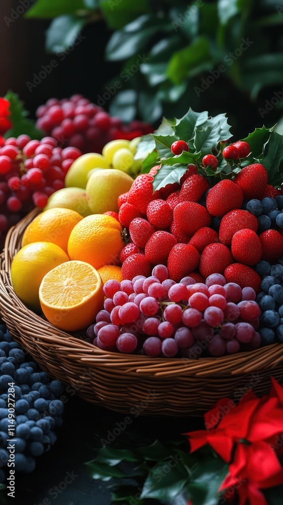 A vibrant fruit basket filled with assorted fruits, including grapes, oranges, and strawberries. A vibrant fruit basket filled with assorted fruits, including grapes, oranges, and strawberries.