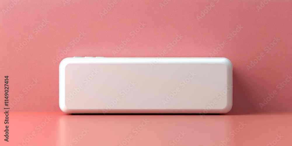 A minimalist white rectangular object on a pink background, likely a tech gadget or accessory. A minimalist white rectangular object on a pink background, likely a tech gadget or accessory.
