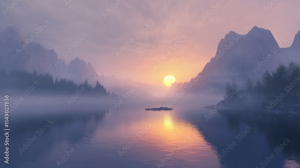 Serene Sunrise Over Misty Mountains and Calm Lake Reflections Serene Sunrise Over Misty Mountains and Calm Lake Reflections