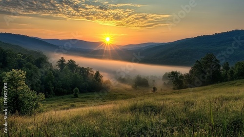 Serene Sunrise Over Misty Valley Landscape with Rolling Hills