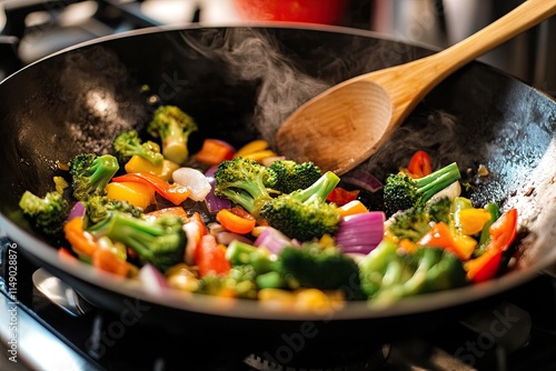 Steaming wok of colorful vegetables being stir-fried. photo