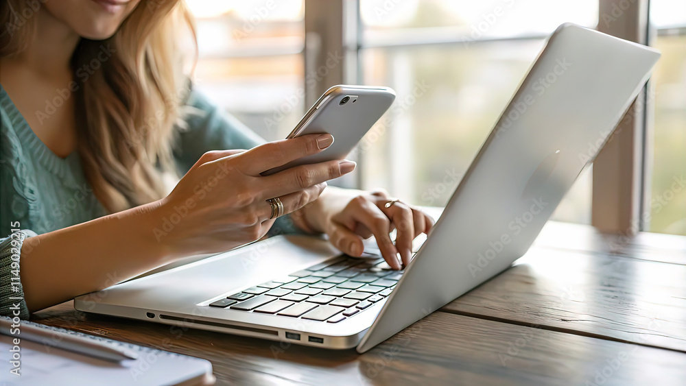 Close-up of manager's hands using laptop and holding mobile phone. multitasking between using laptop and mobile phone.
