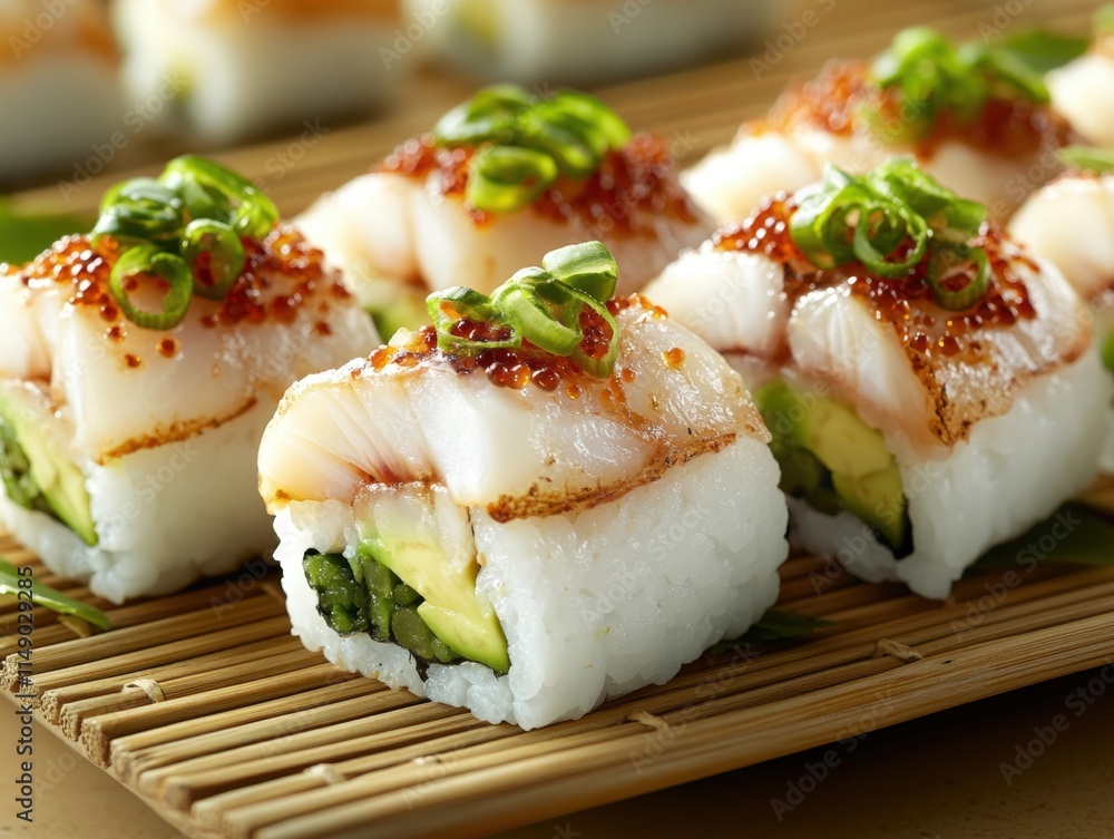 Delicious sushi rolls with seared fish, avocado, and rice, garnished with tobiko and scallions, arranged on a bamboo mat. Delicious sushi rolls with seared fish, avocado, and rice, garnished with tobiko and scallions, arranged on a bamboo mat.