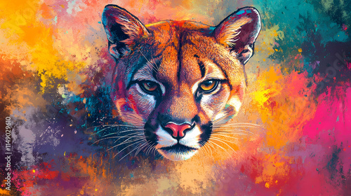 Cougar painted with splash technique on a colorful background