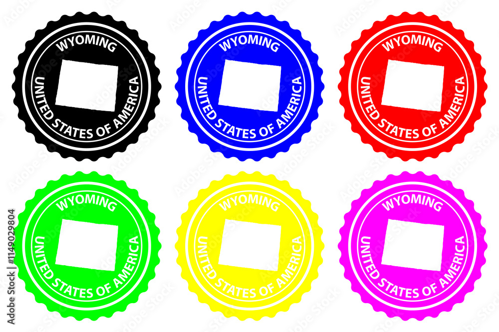 Fototapeta premium Wyoming - rubber stamp - vector, Wyoming (United States of America) map pattern - sticker - black, blue, green, yellow, purple and red